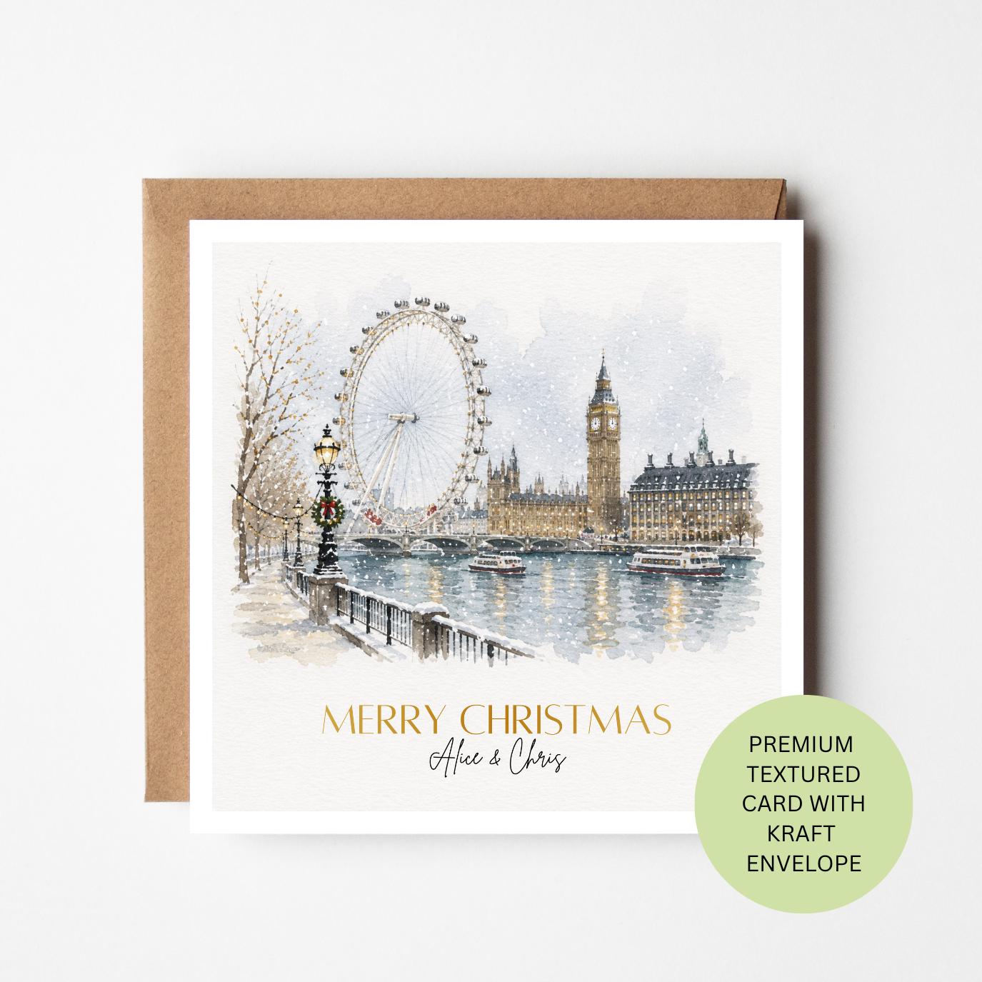 Personalised London Christmas Card, Thames London Eye Watercolour, Textured City Greeting