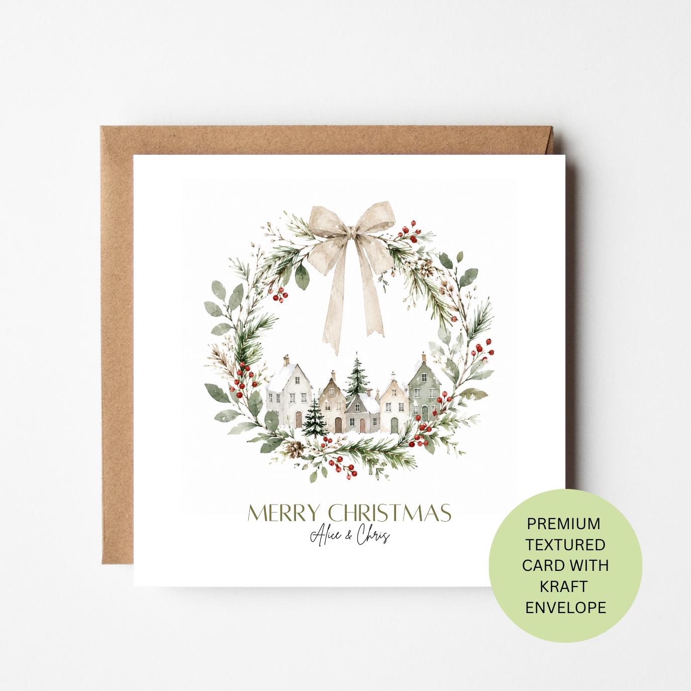 Personalised Watercolour Village Christmas Card, Elegant Wreath Design, Textured Kraft Envelope