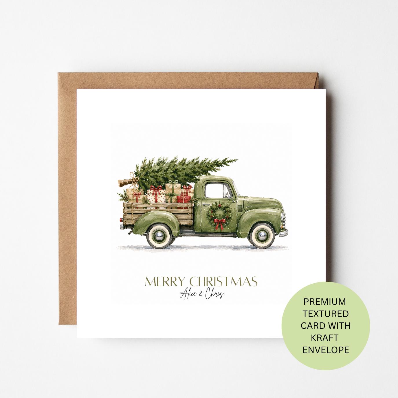 Personalised Pickup Truck Christmas Card, Green Vintage Watercolour, Elegant Textured Festive Card
