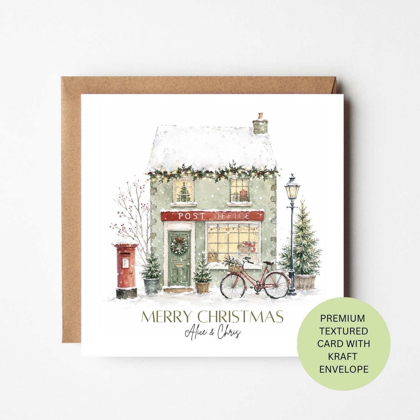 Personalised Snowy Village Post Office Christmas Card, Watercolour Scene, Textured Kraft Envelope