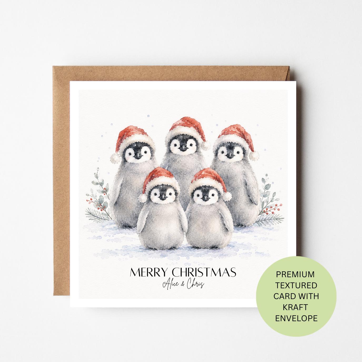 Personalised Penguin Family Christmas Card, Watercolour Greeting Card, Kraft Envelope