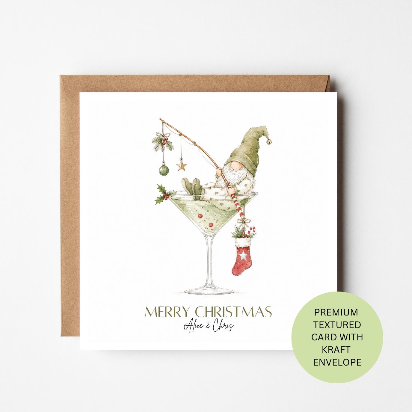 Personalised Funny Gnome Christmas Card, Martini Glass Watercolour, Elegant Textured Festive Card
