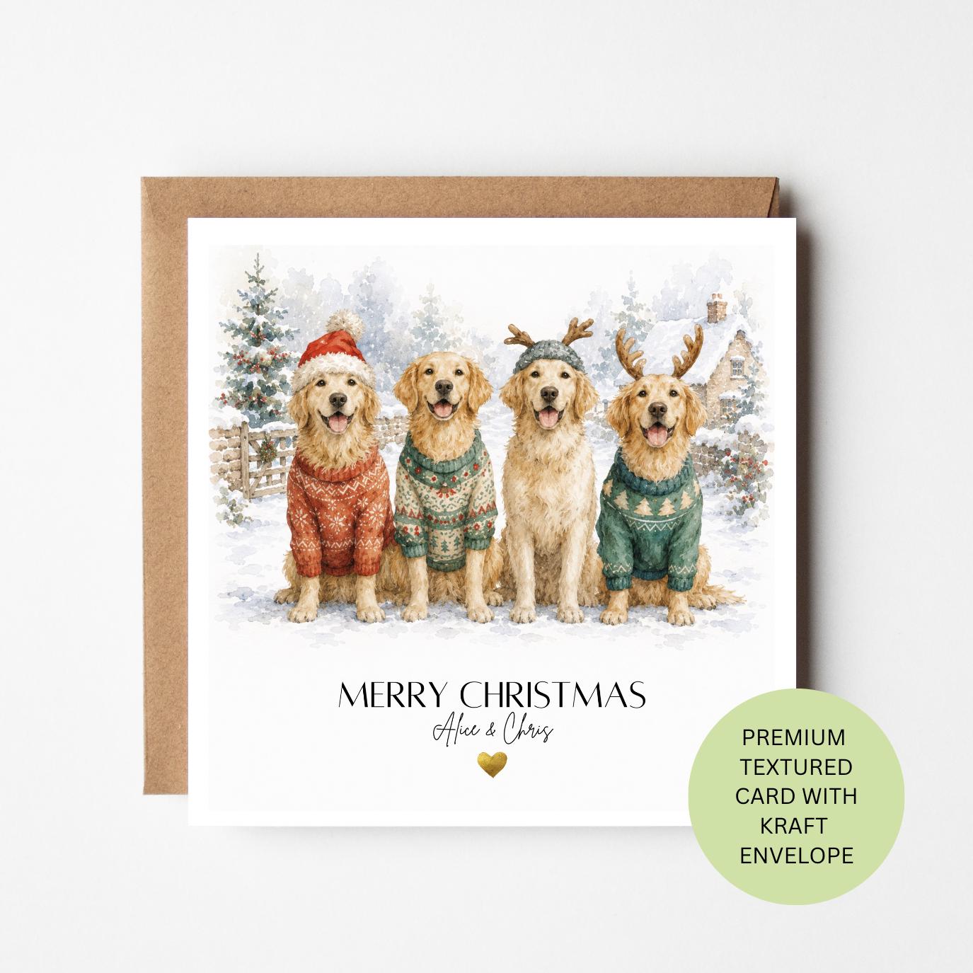 Four Golden Retrievers Watercolour Christmas Card, Personalised Family Xmas Greeting
