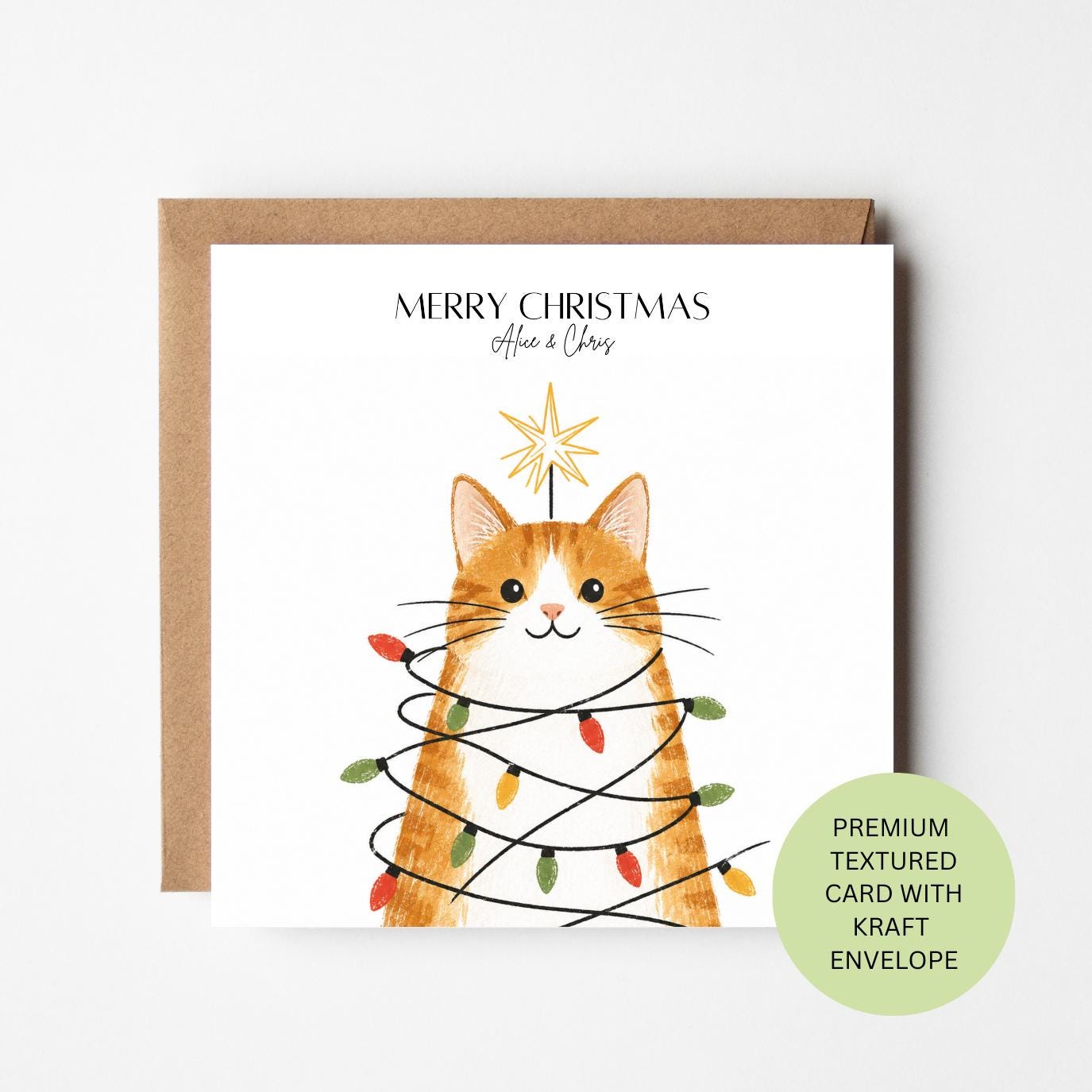 Personalised Cat Christmas Card, Watercolour Textured Xmas Greeting, Family Couple Card