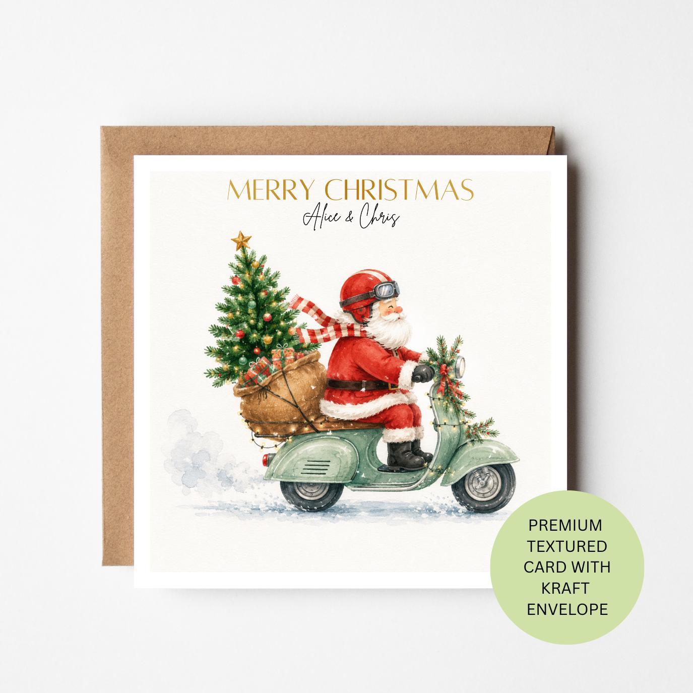 Personalised Santa Scooter Christmas Card, Watercolour Textured Festive Greeting (Kraft Envelope)