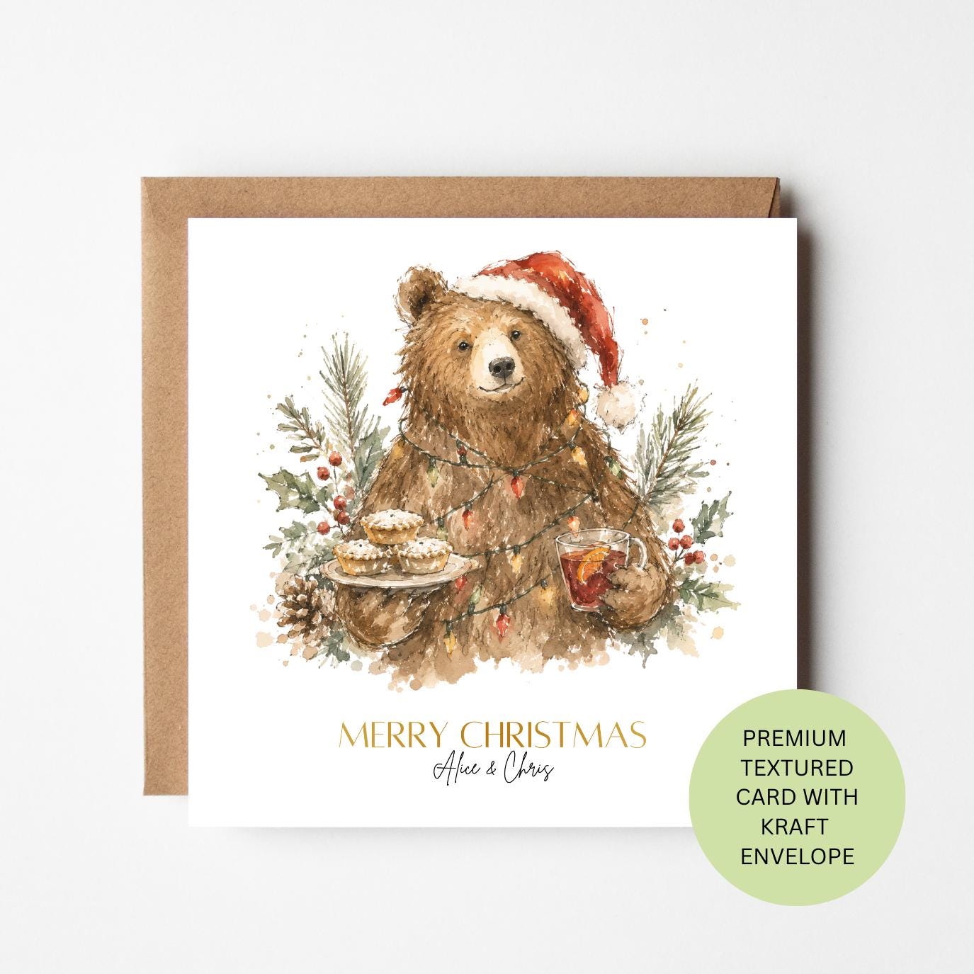 Personalised Christmas Card, Watercolour Bear Mince Pies, Custom Family Couple Xmas Greeting