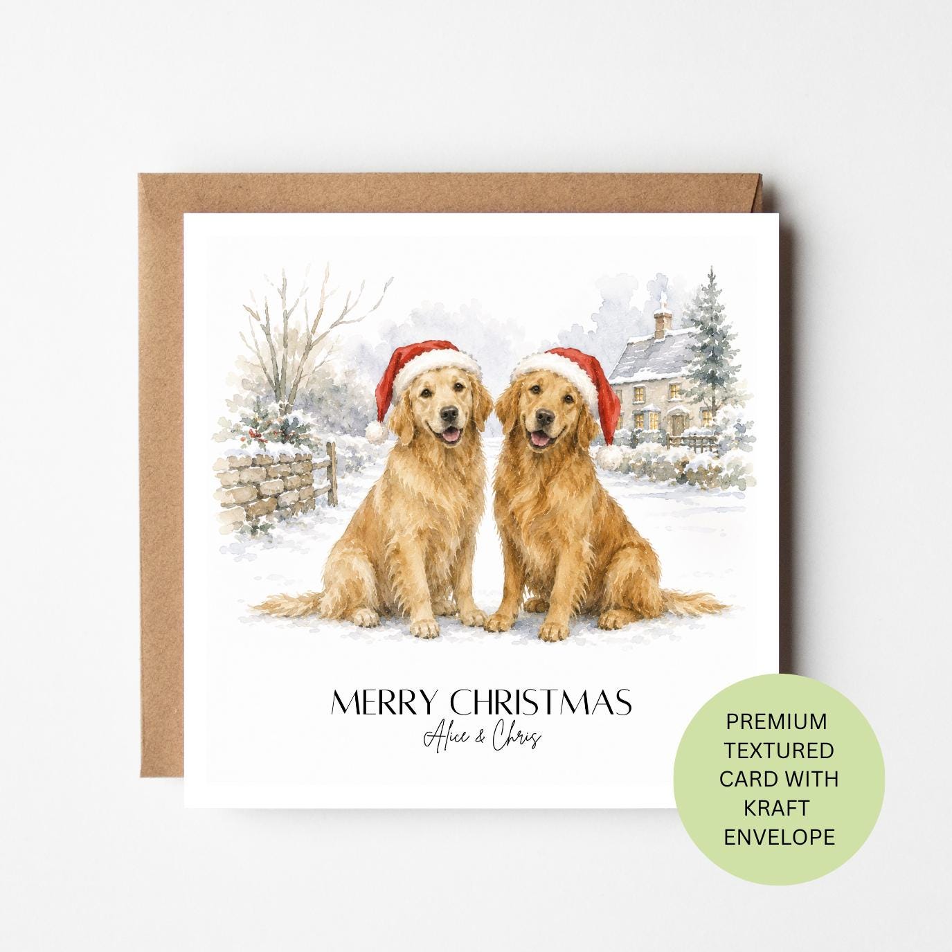 Two Golden Retrievers Watercolour Christmas Card, Personalised Festive Dog Greetings (Textured Card)
