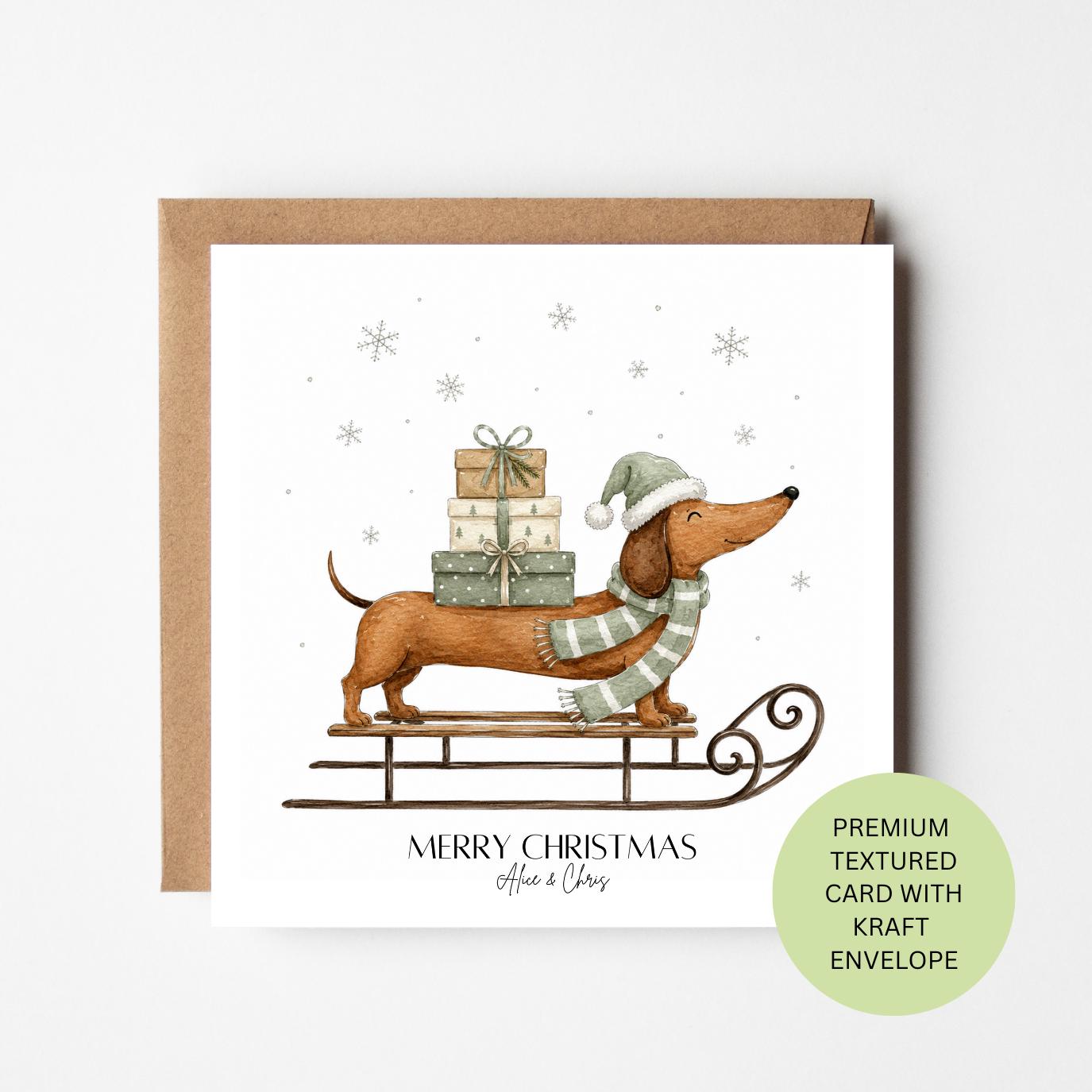 Dachshund Sleigh Christmas Card, Watercolour Textured Personalised Xmas Greeting (Family Couple)