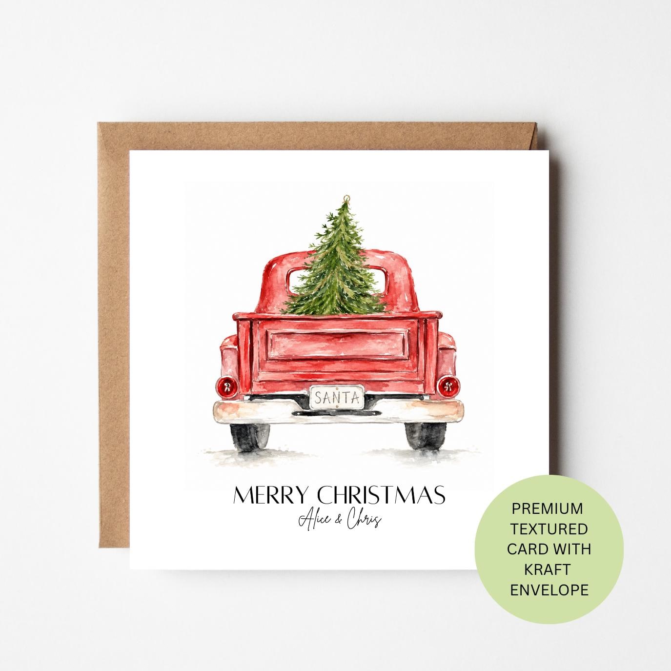 Personalised Watercolour Christmas Card, Red Truck, Textured Kraft Envelope