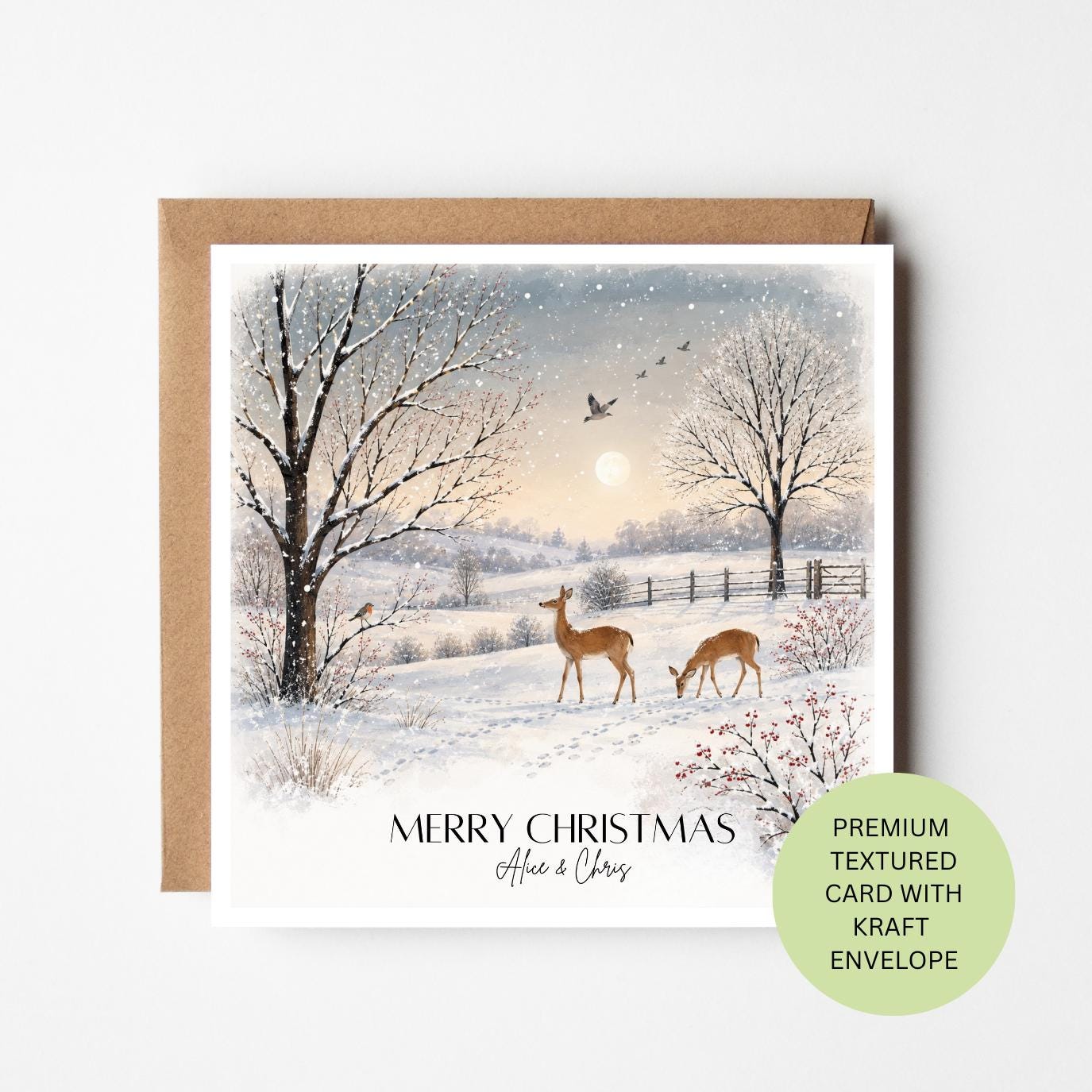 Personalised Winter Deer Watercolour Christmas Card, Elegant Textured Xmas Greeting