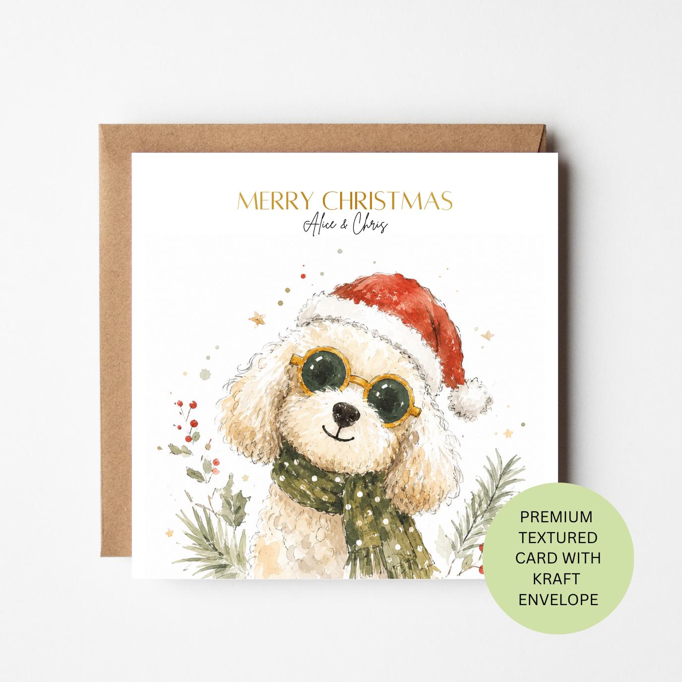 Personalised Dog Christmas, Watercolour Dog Sunglasses Xmas, Custom Couple Family Card