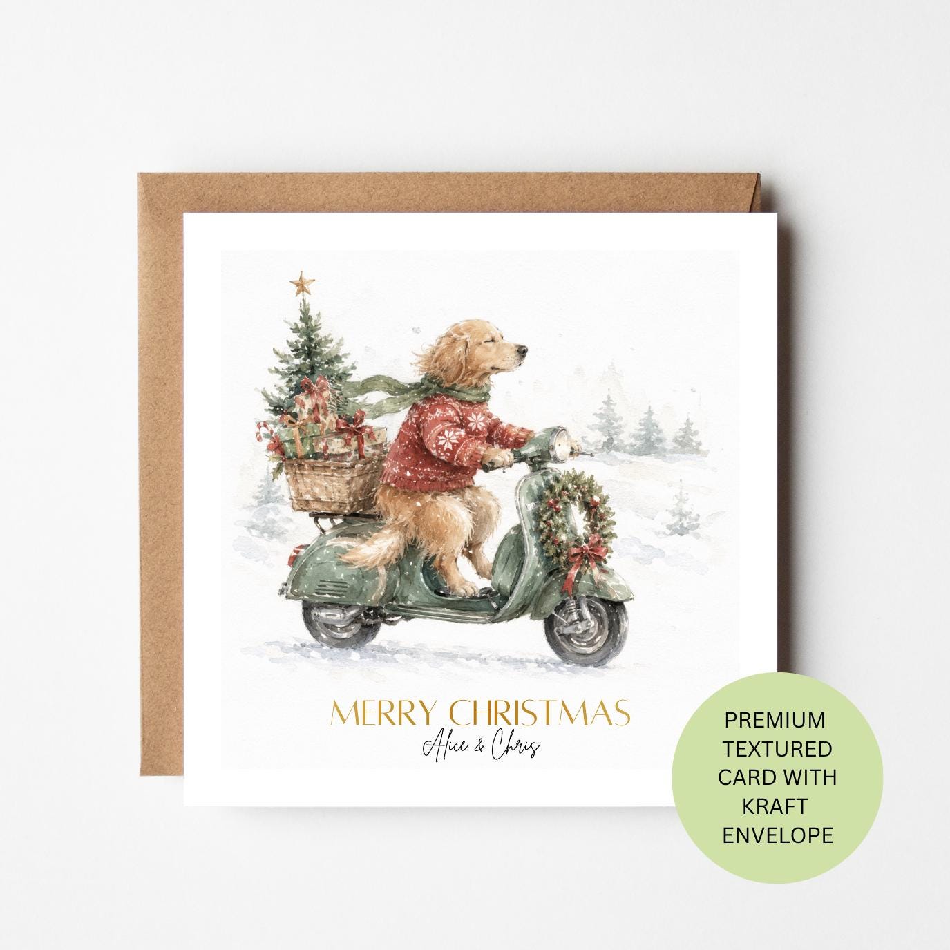 Golden Retriever Christmas Card, Watercolour Scooter, Personalised Couple Xmas Greeting