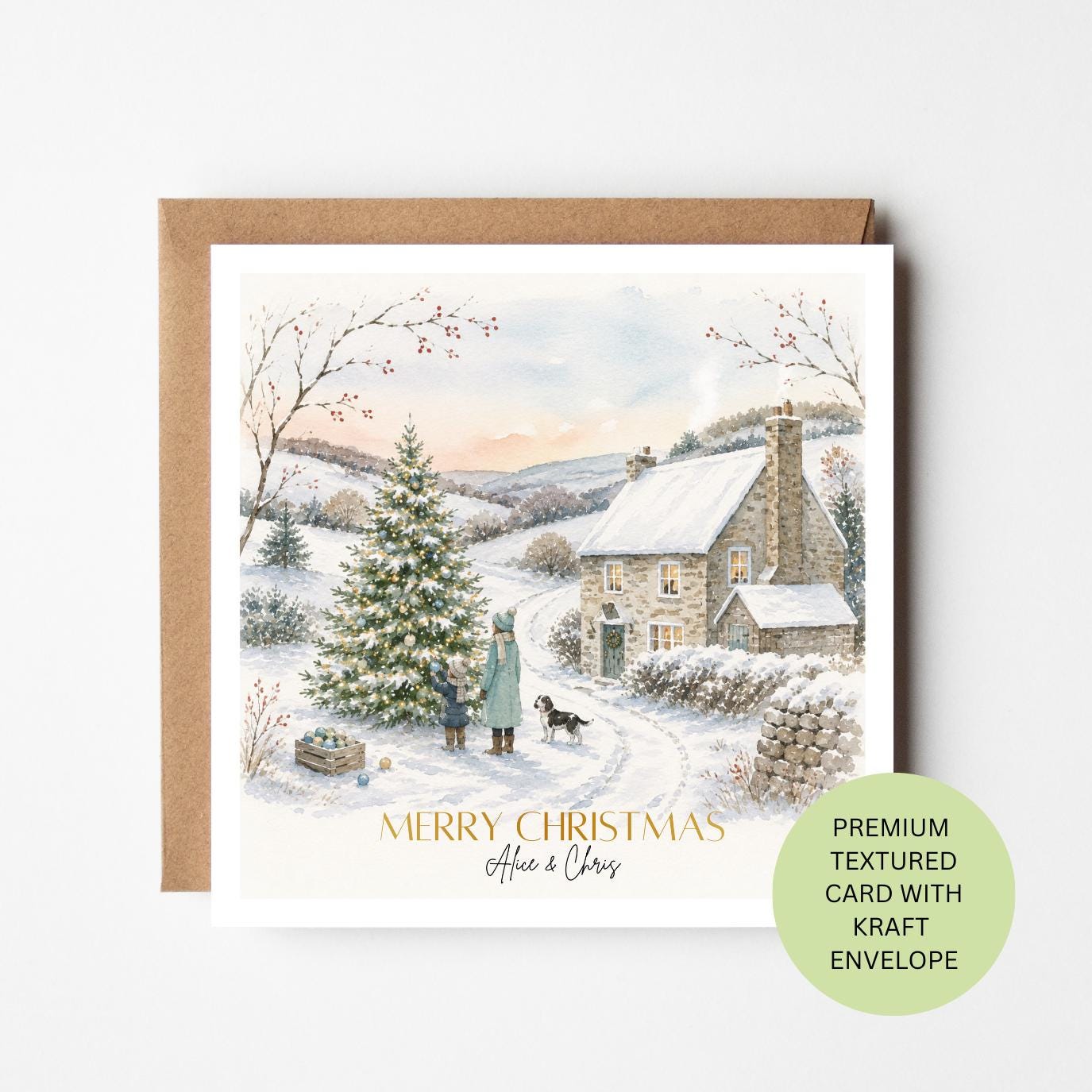 Personalised Watercolour Cottage Christmas Card, Family Couple Xmas Greetings
