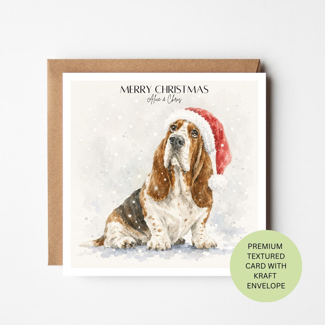 Personalised Basset Hound Christmas Card, Watercolour Textured Xmas Greeting, Custom Family Card