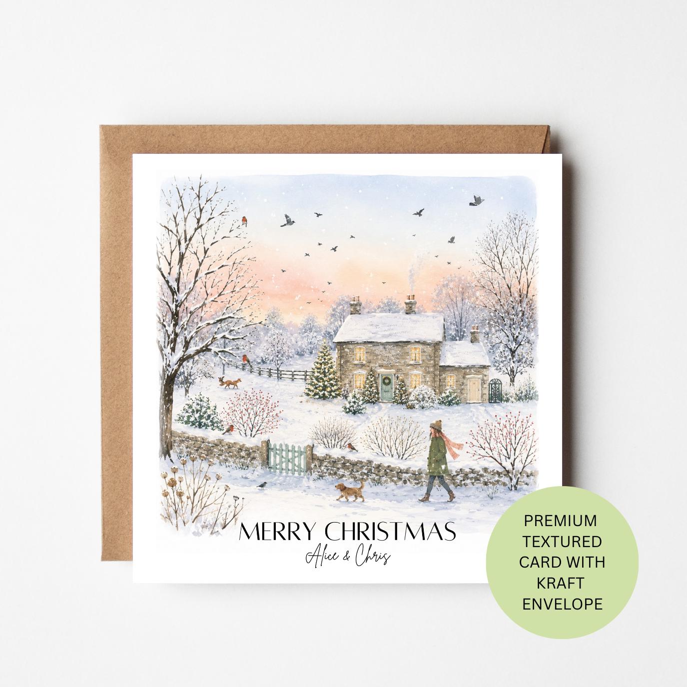 Personalised Watercolour Snowy Cottage Christmas Card, Elegant Textured Xmas Greeting