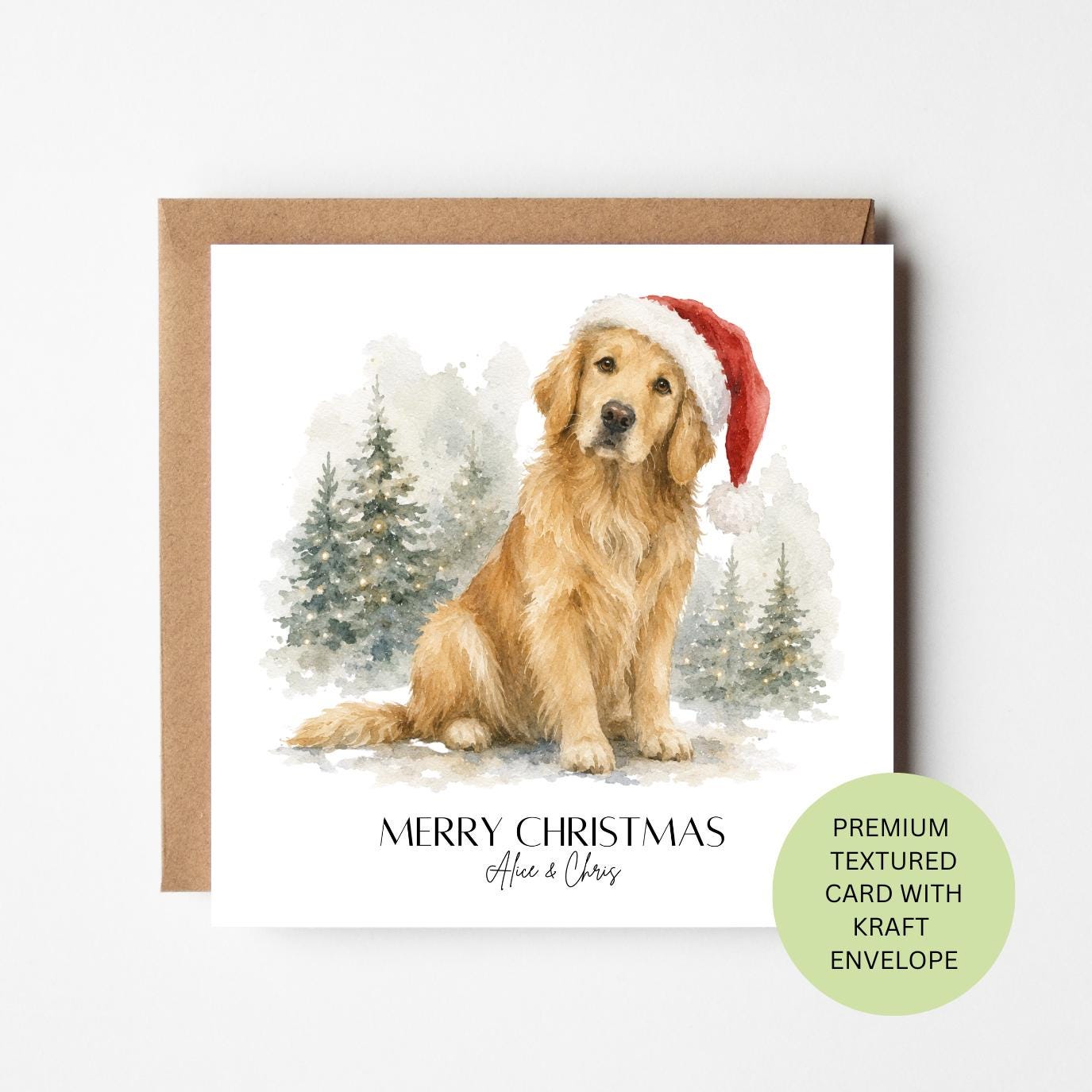 Personalised Golden Retriever Christmas Card, Watercolour Dog Lover Festive Greeting, Custom Family Xmas