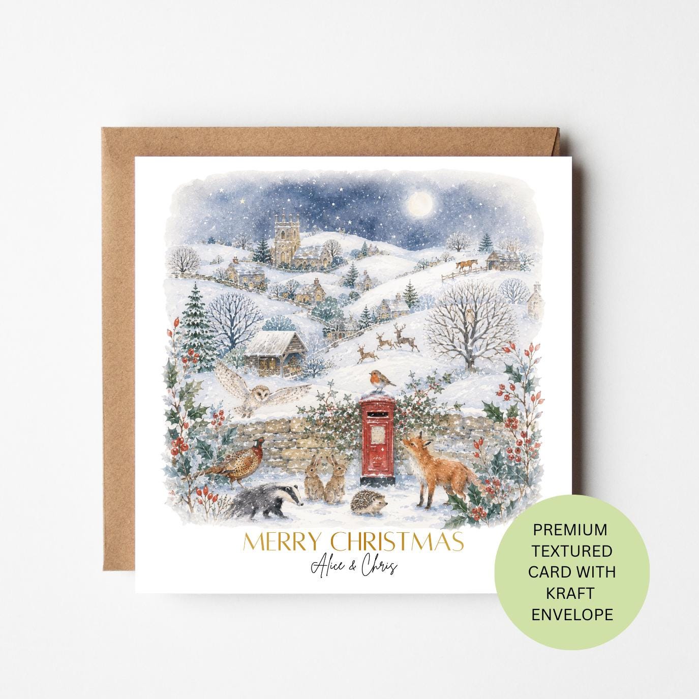 Personalised Watercolour Winter Woodland Christmas Card, Custom Family Greetings