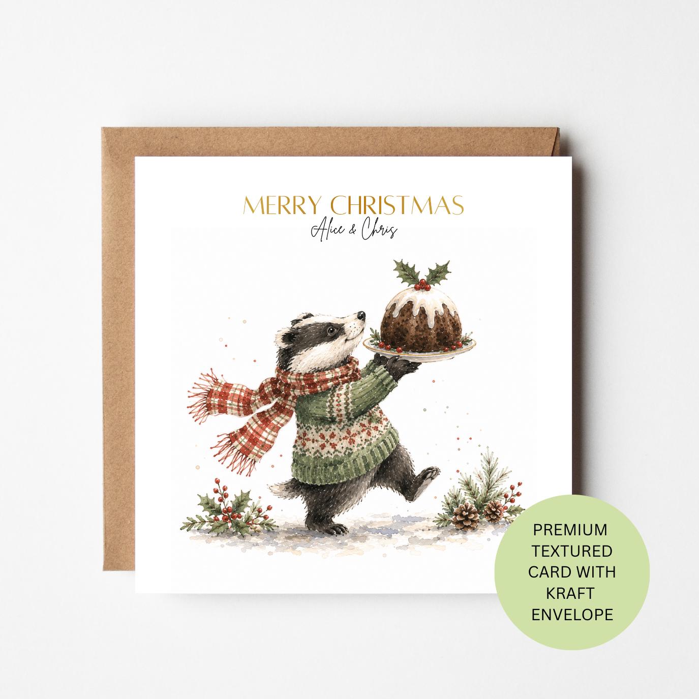 Personalised Badger Christmas Pudding Card, Watercolour Textured Festive Greeting (Kraft Envelope)