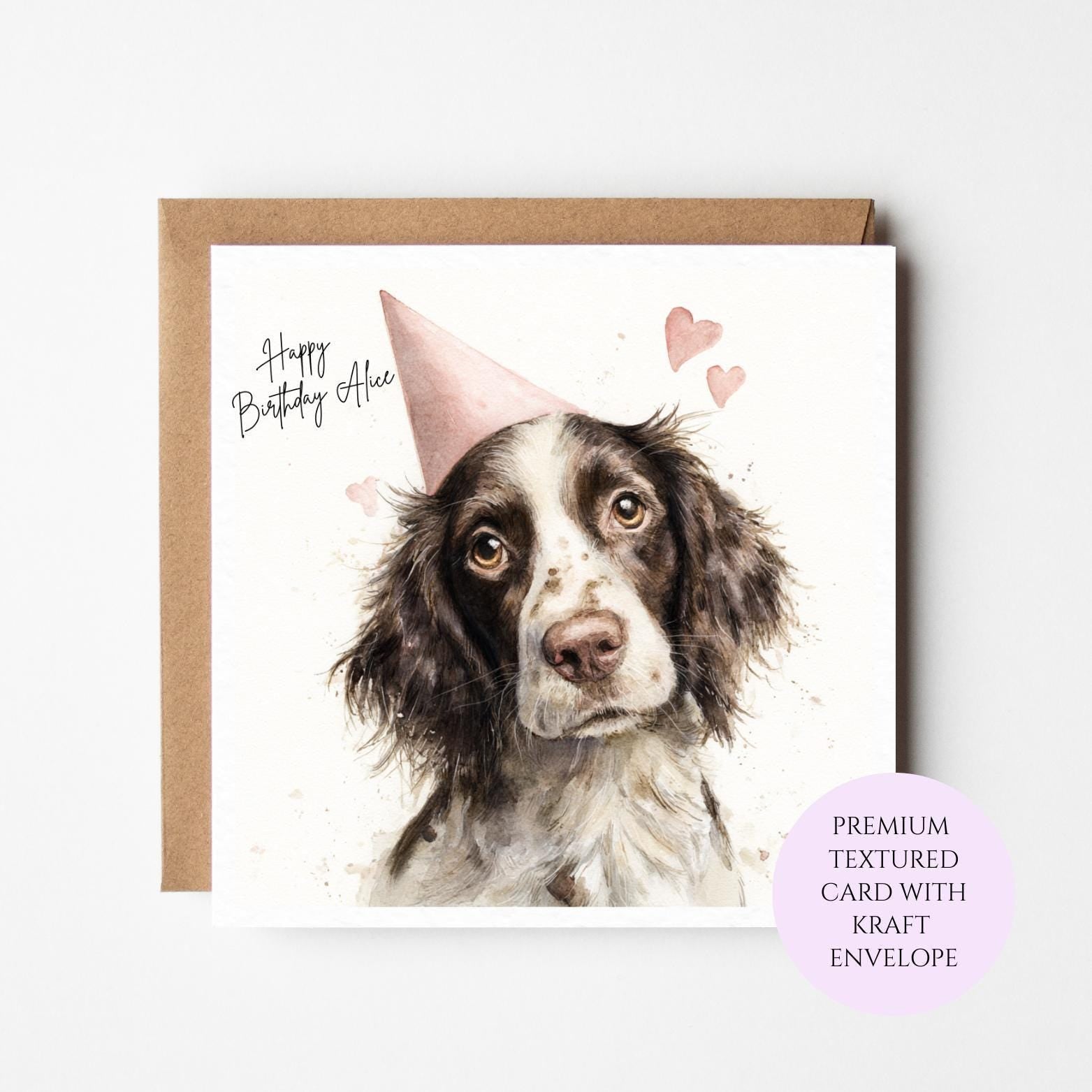 Personalised English Springer Spaniel Birthday Card – Watercolour Dog Portrait, Sister, Mum