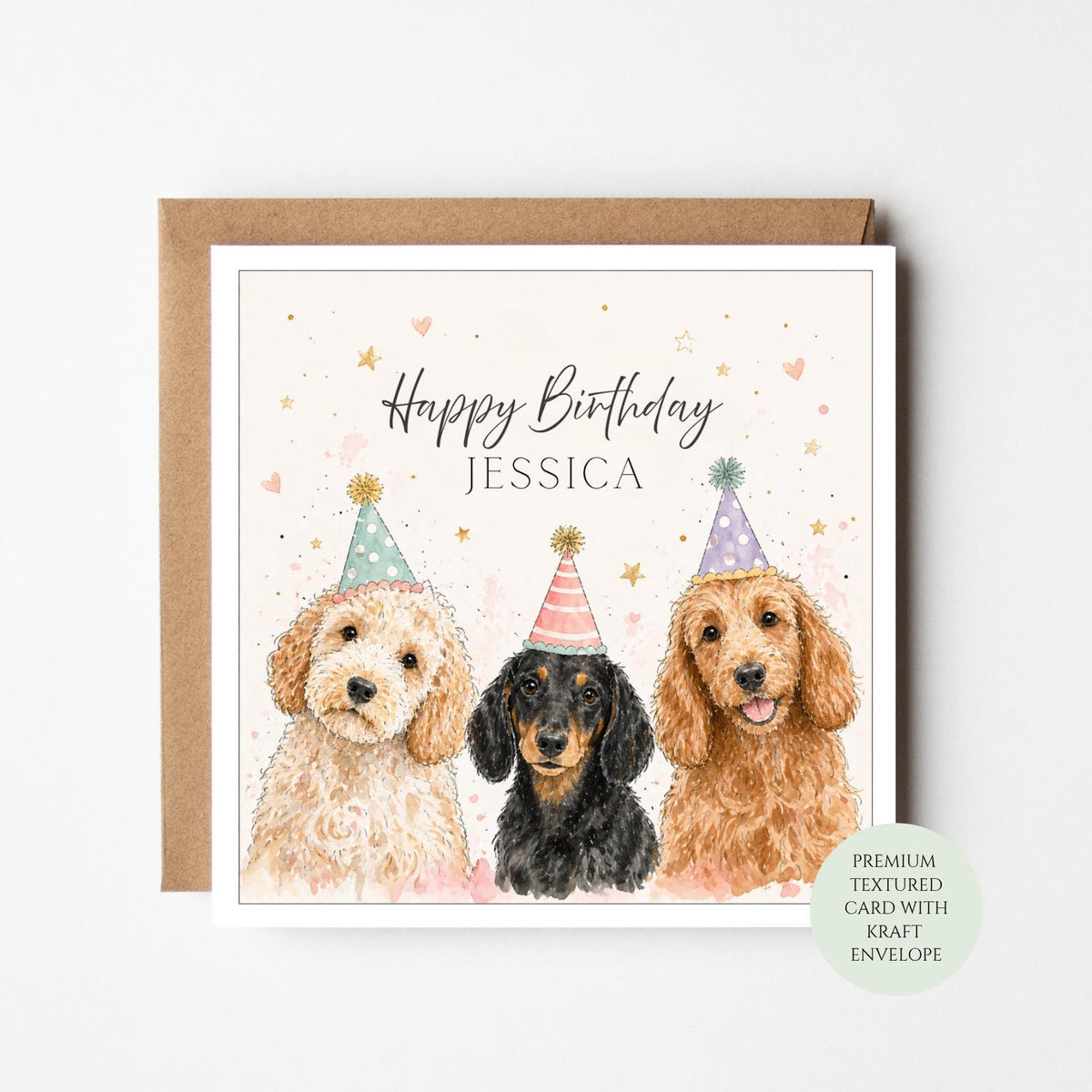 Personalised Three Dogs Birthday Card: Cute Party Hats Design