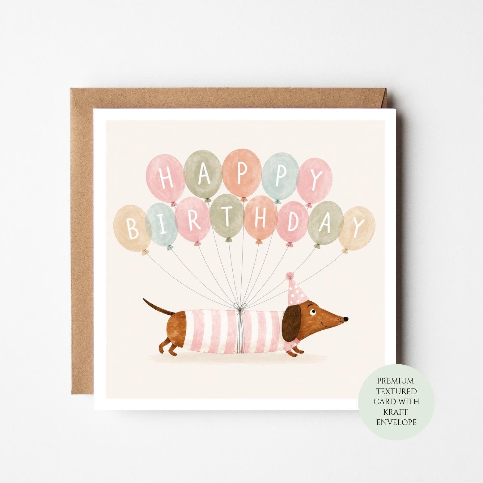 Dachshund Birthday Card: Sausage Dog with Colorful Balloons