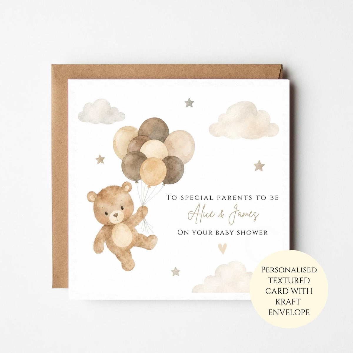 Personalised Teddy Bear Baby Shower Card, Neutral Congratulations Gift