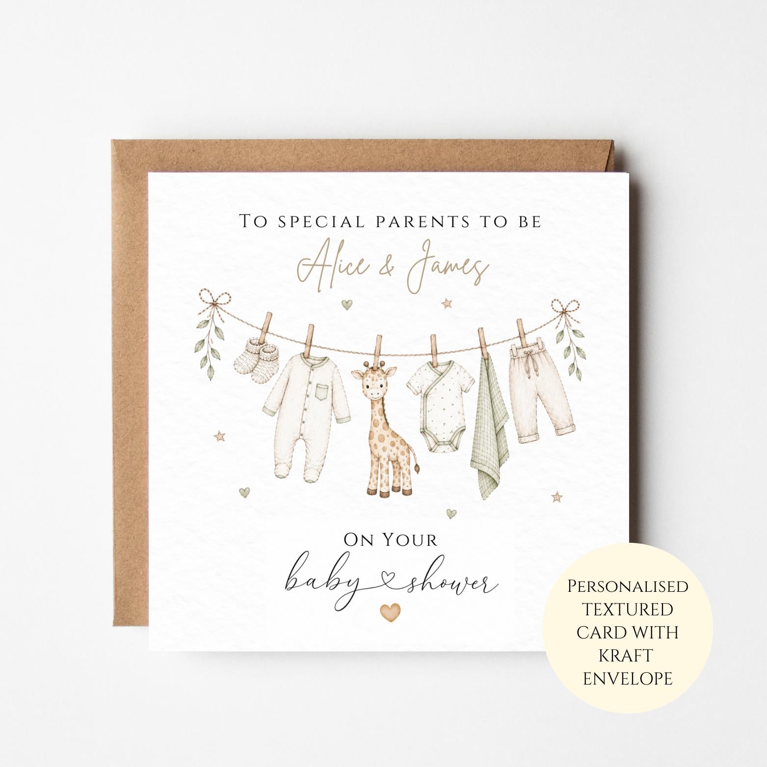 Personalised Giraffe Baby Shower Card, Neutral Parents To Be Gift, Baby Clothes Line Card, Safari New Baby Congratulations