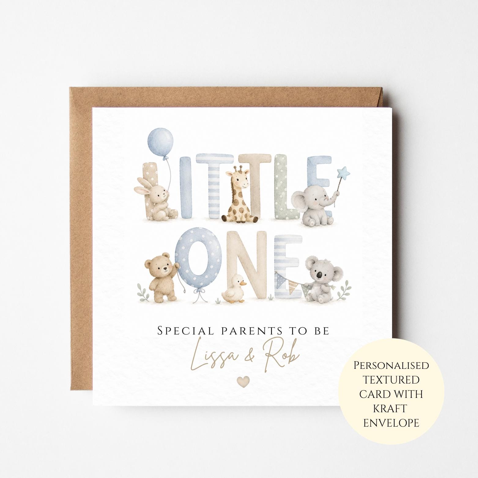 Personalised Baby Boy Shower Card, Little One Congratulations, Nursery Animals, Parents To Be Gift