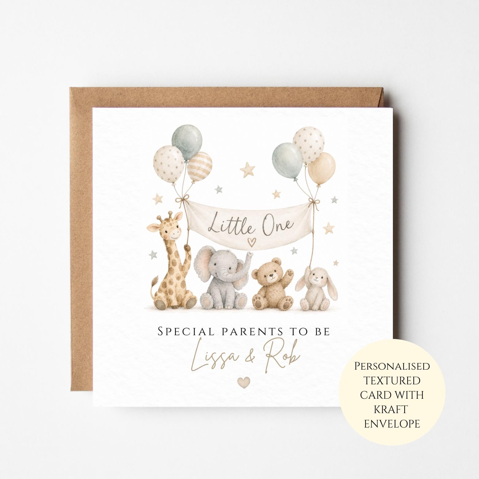 Personalised Neutral Baby Shower Card, Little One Parents To Be Card, New Baby Congratulations, Nursery Animal Baby Gift