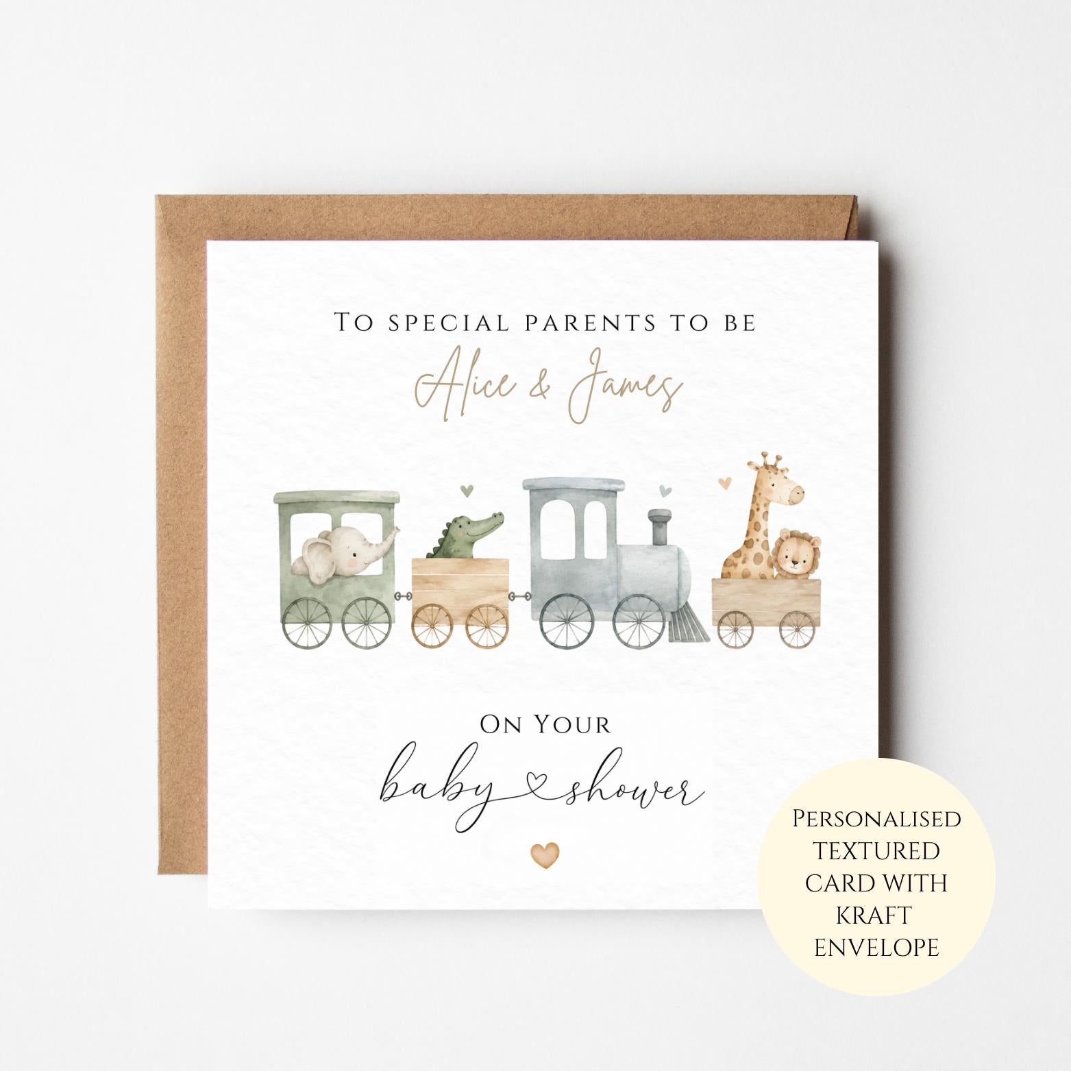 Personalised Animal Train Baby Shower Card, Parents To Be Gift, Neutral New Baby Congratulations, Nursery Safari Card