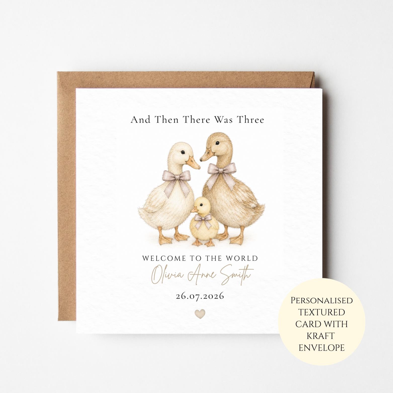 Personalised Duck Family New Baby Card, Welcome World Keepsake
