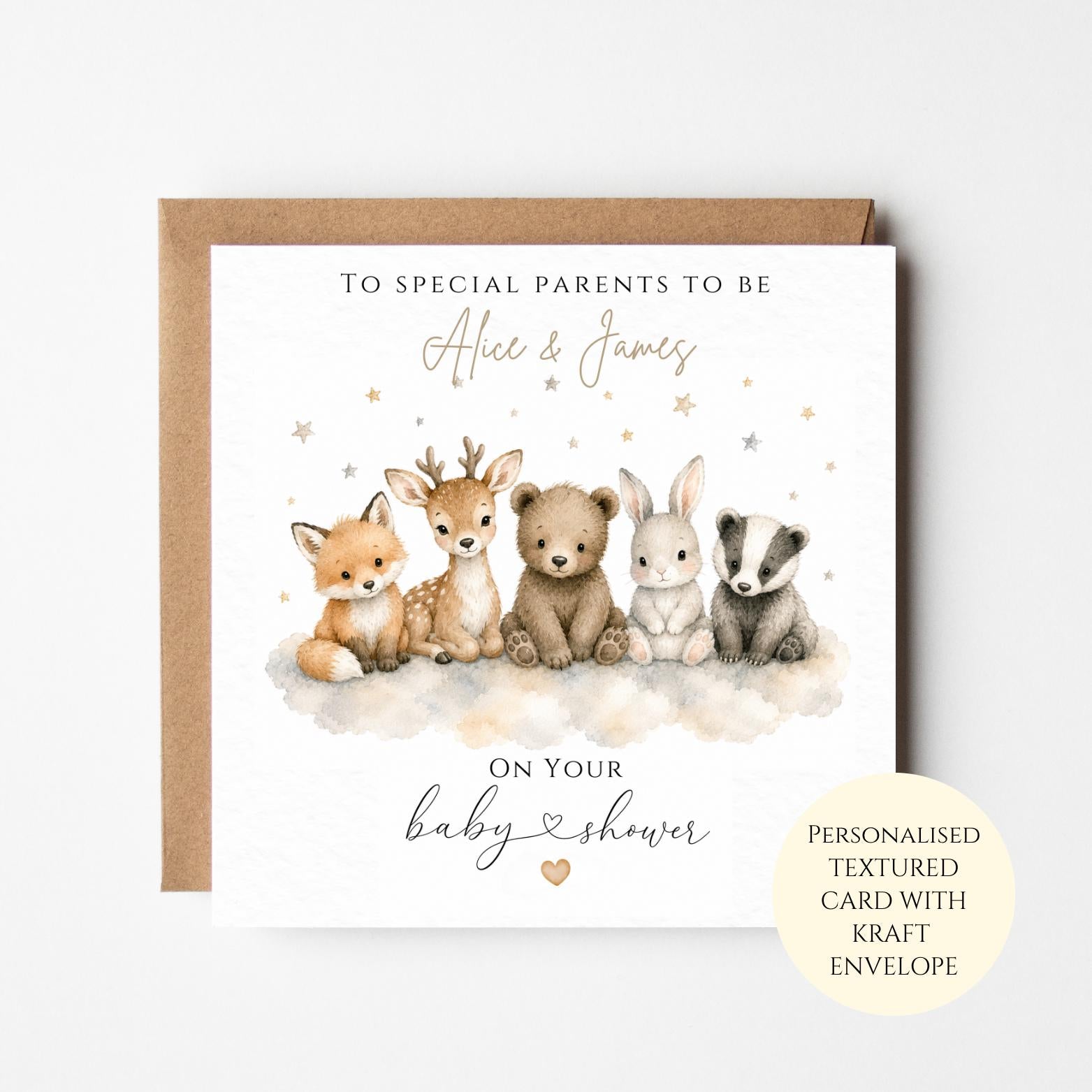 Personalised Woodland Baby Shower Card, Parents To Be Gift, Forest Animal Baby Card, Neutral New Baby Congratulations
