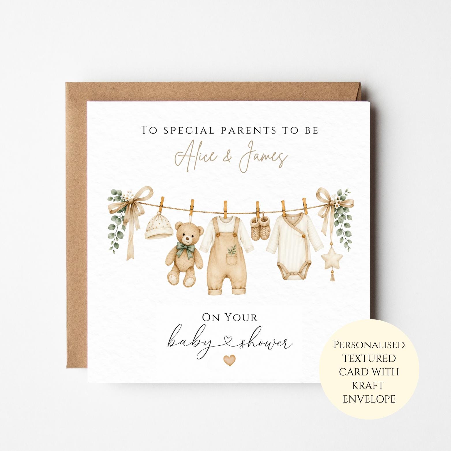 Personalised Baby Shower Card, Teddy Bear Clothes Line Congratulations, Parents To Be Gift