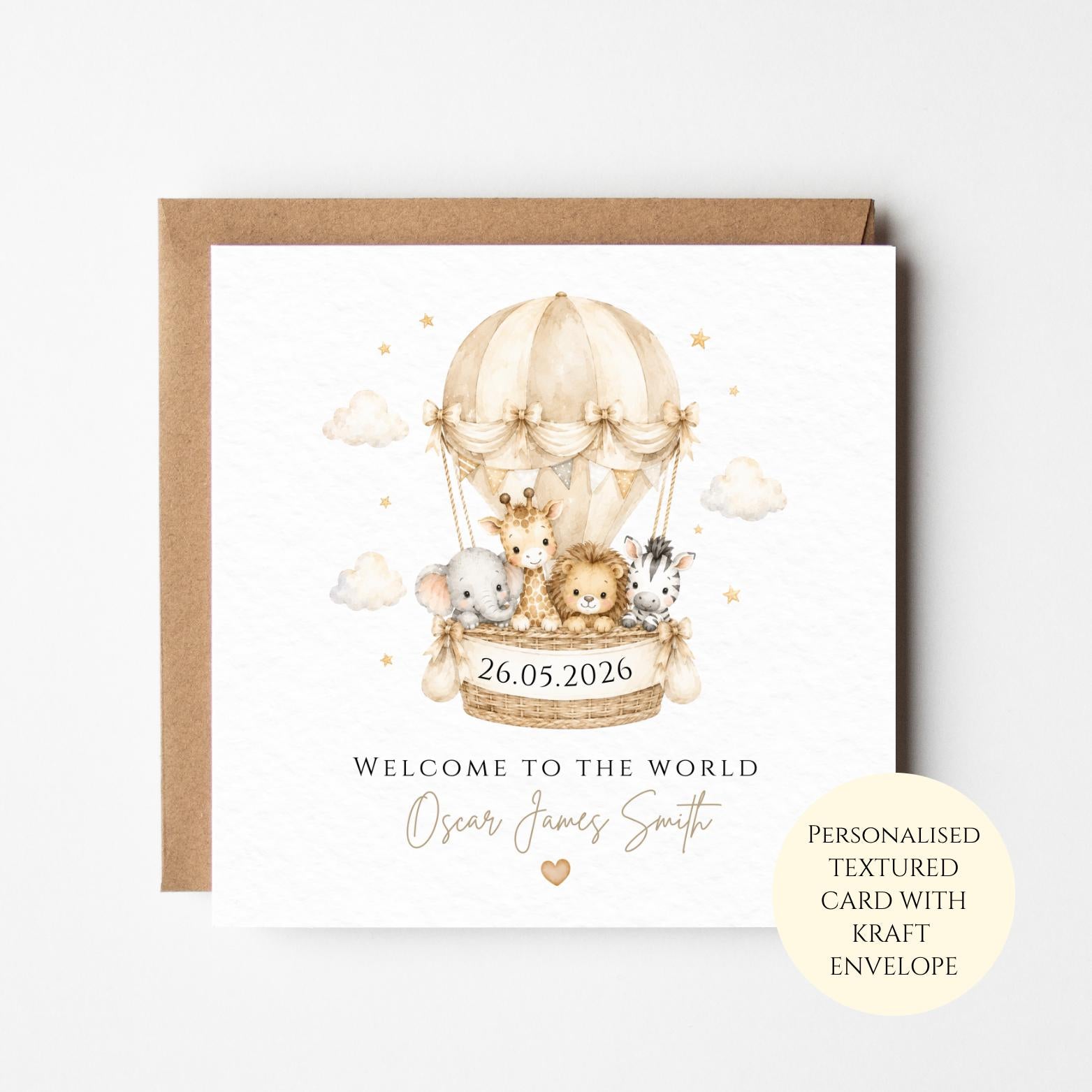 Personalised Safari Hot Air Balloon New Baby Card, Welcome Congratulations Keepsake