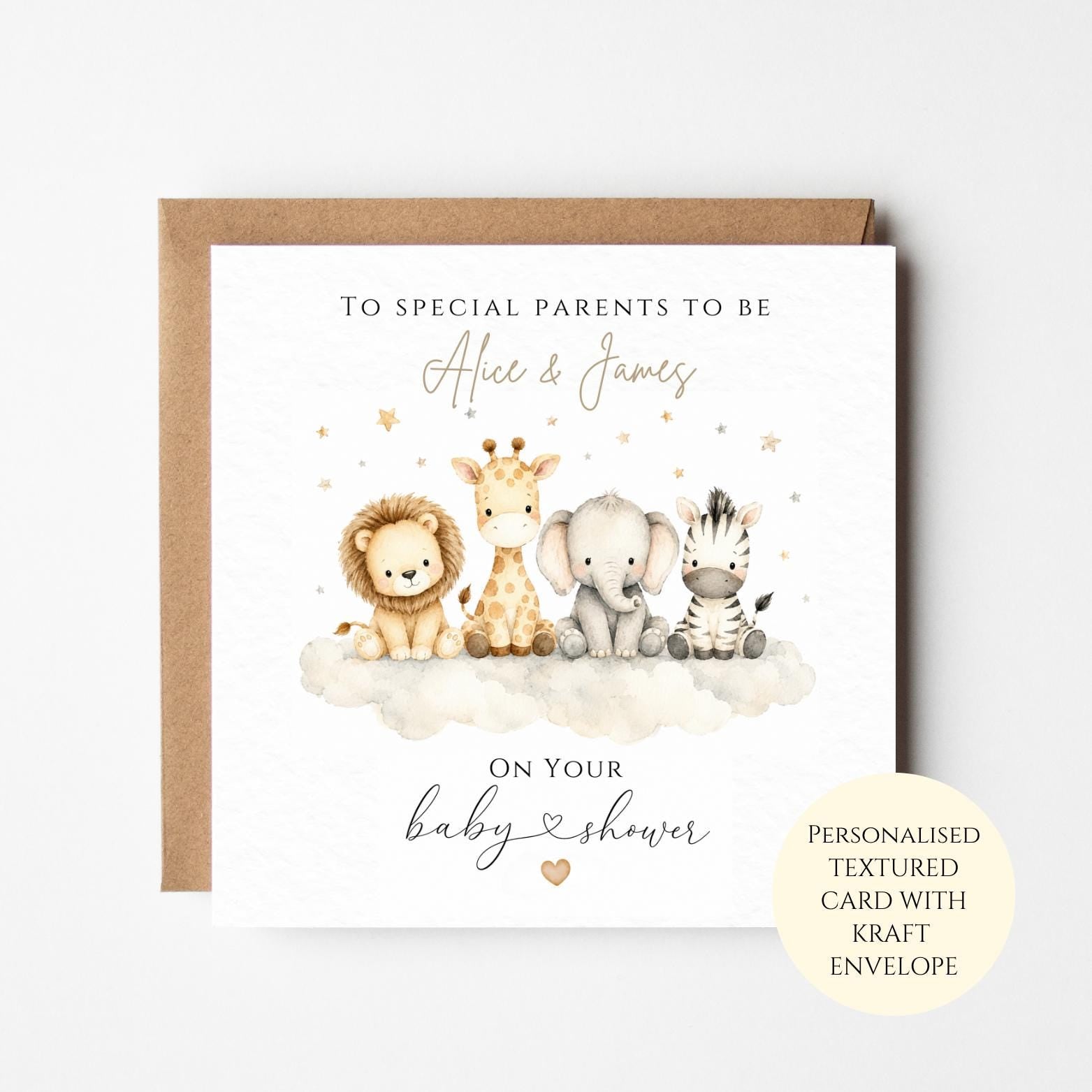 Personalised Safari Baby Shower Card, Neutral Animal Design, Congratulations Gift