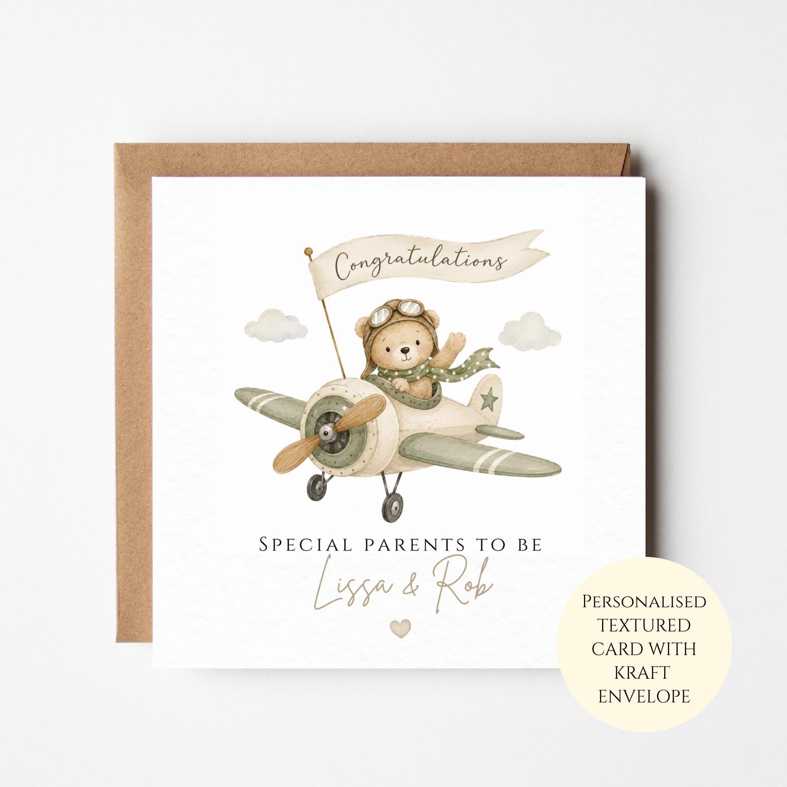 Personalised Teddy Bear Aeroplane Card for Parents To Be, Baby Shower Congratulations