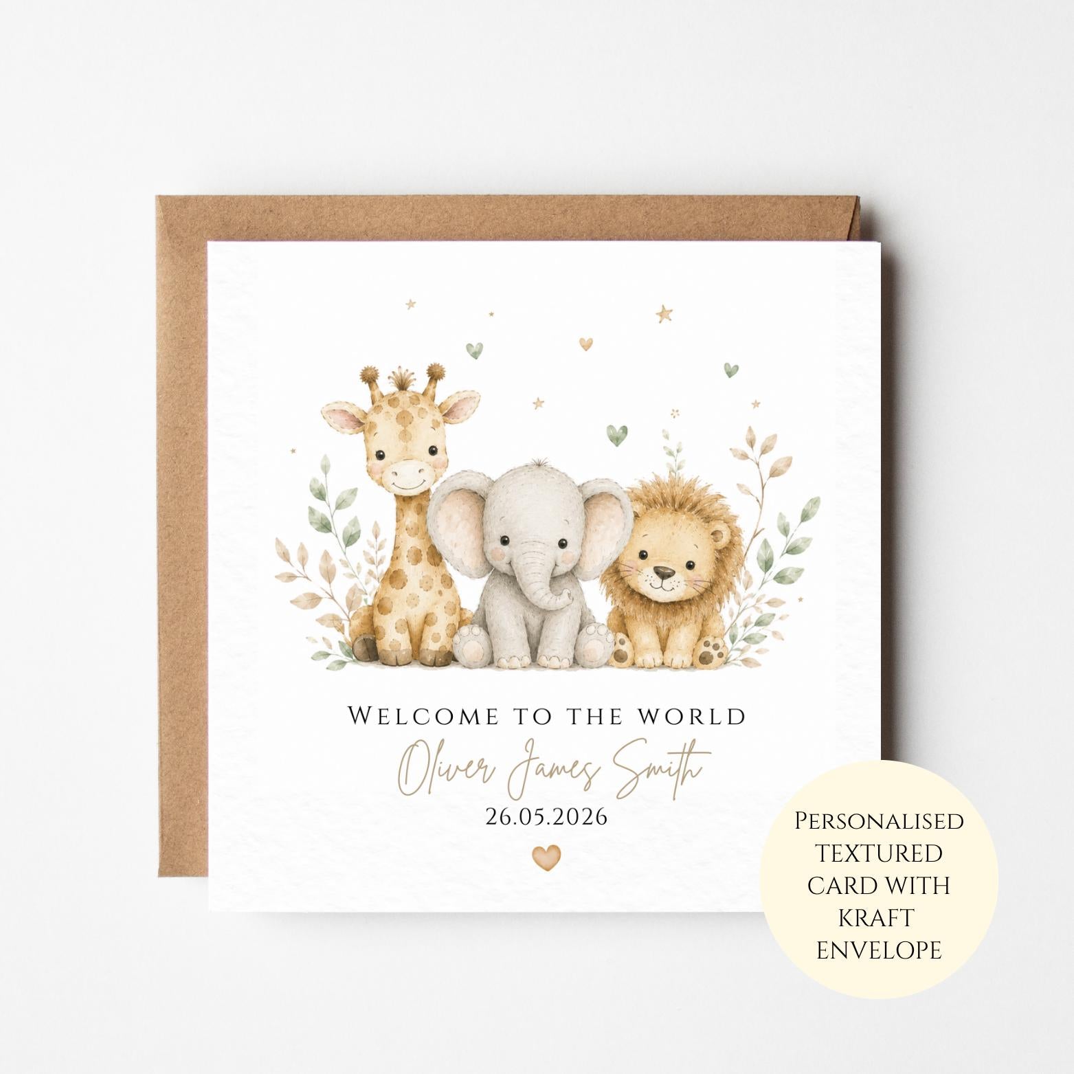 Personalised New Baby Card, Welcome To The World, Safari Animal Newborn Congratulations, Neutral Baby Keepsake