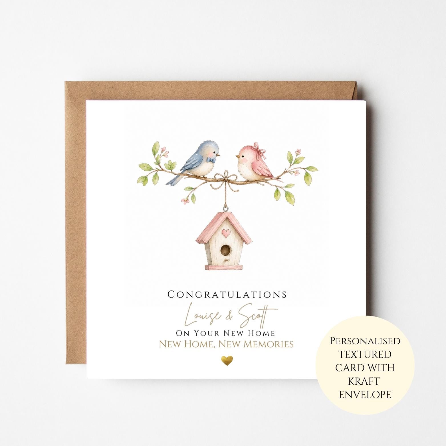 Personalised New Home Card with Birds, Birdhouse Housewarming Card, Congratulations New House, Couple Moving Gift