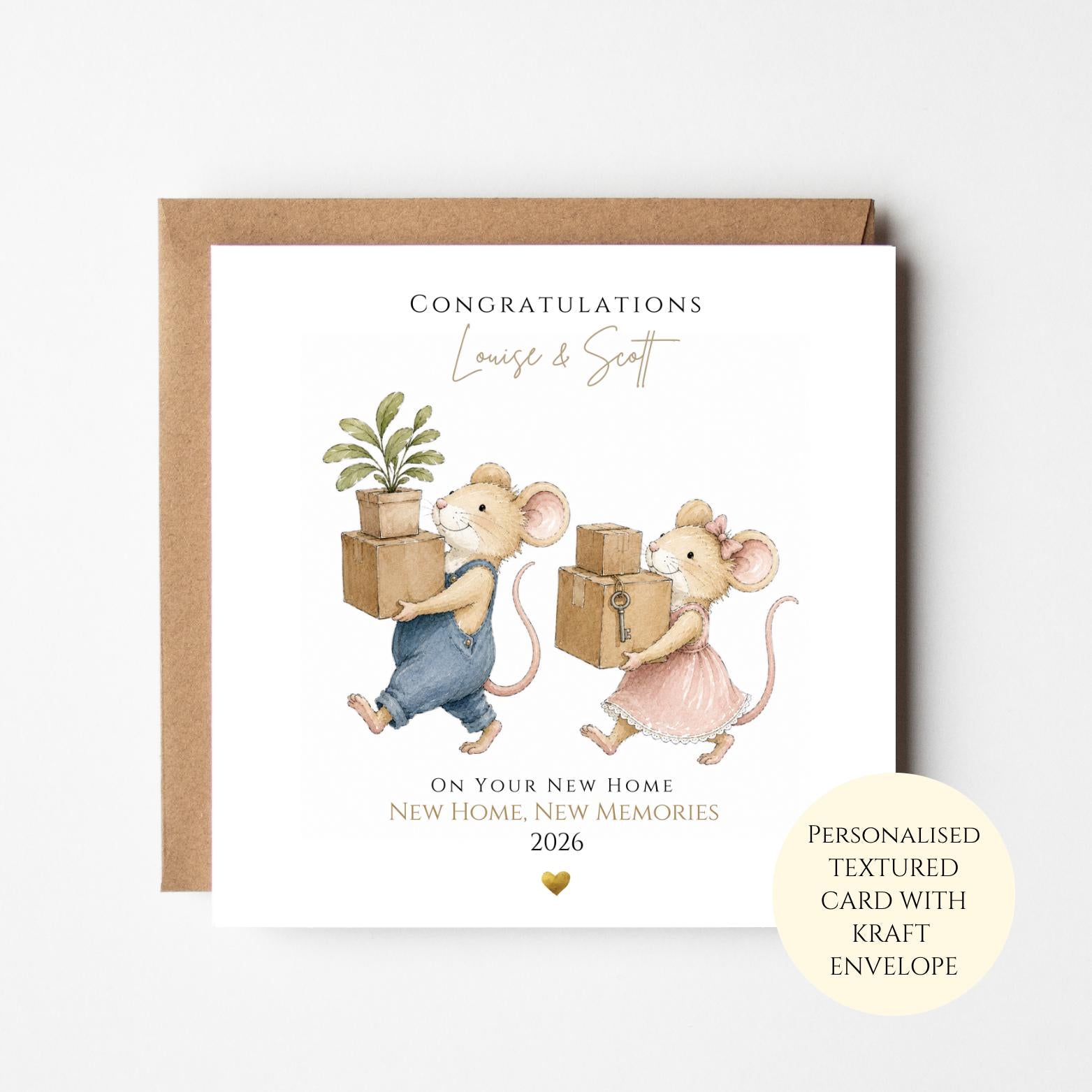 Personalised Moving House Card with Mice, New Home Card for Couple, Housewarming Gift, Congratulations New House