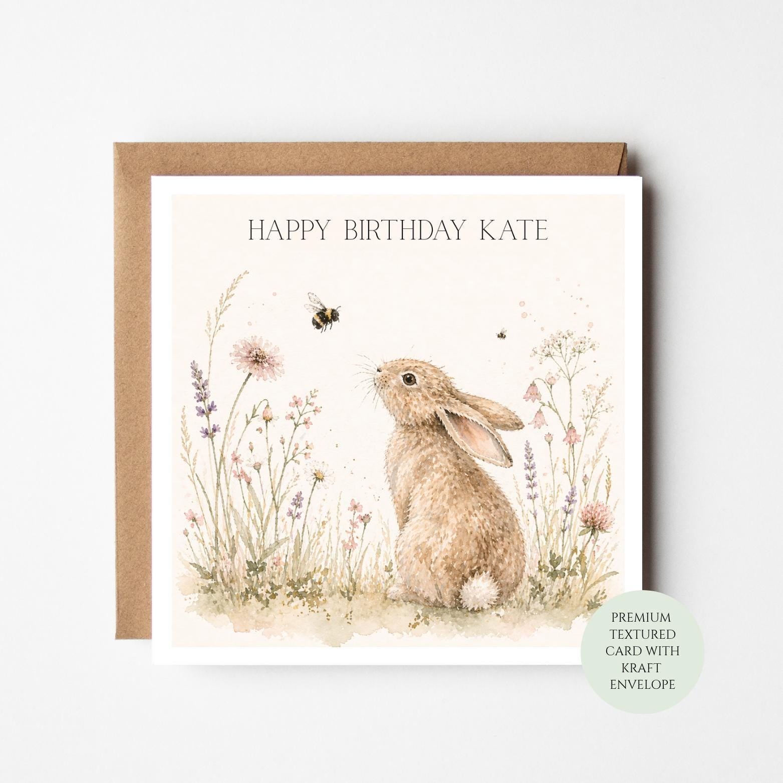 Rabbit Birthday Card - Woodland Bunny with Floral Details