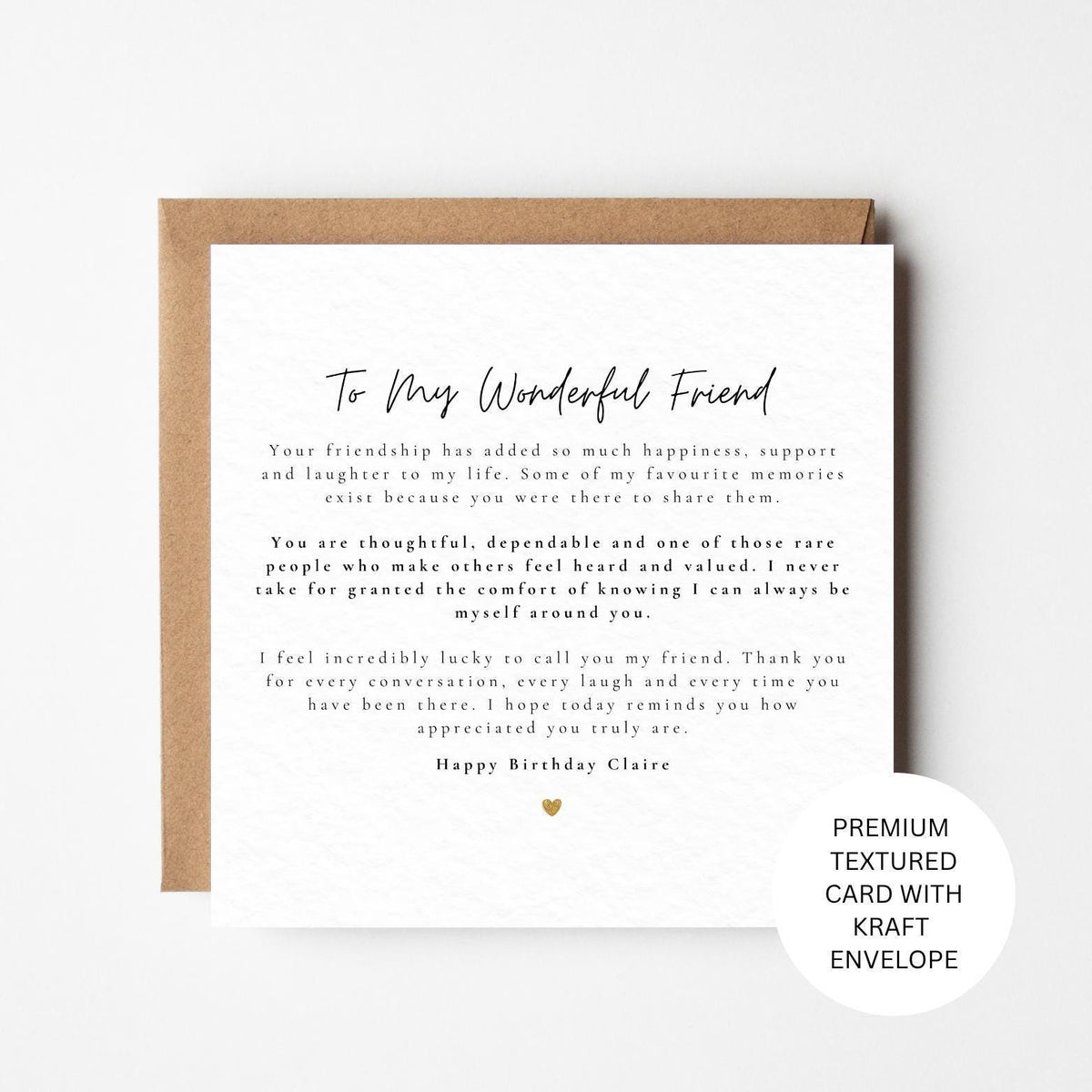 Personalised Friend Birthday Card, Sentimental Keepsake, Textured Card, Kraft Envelope
