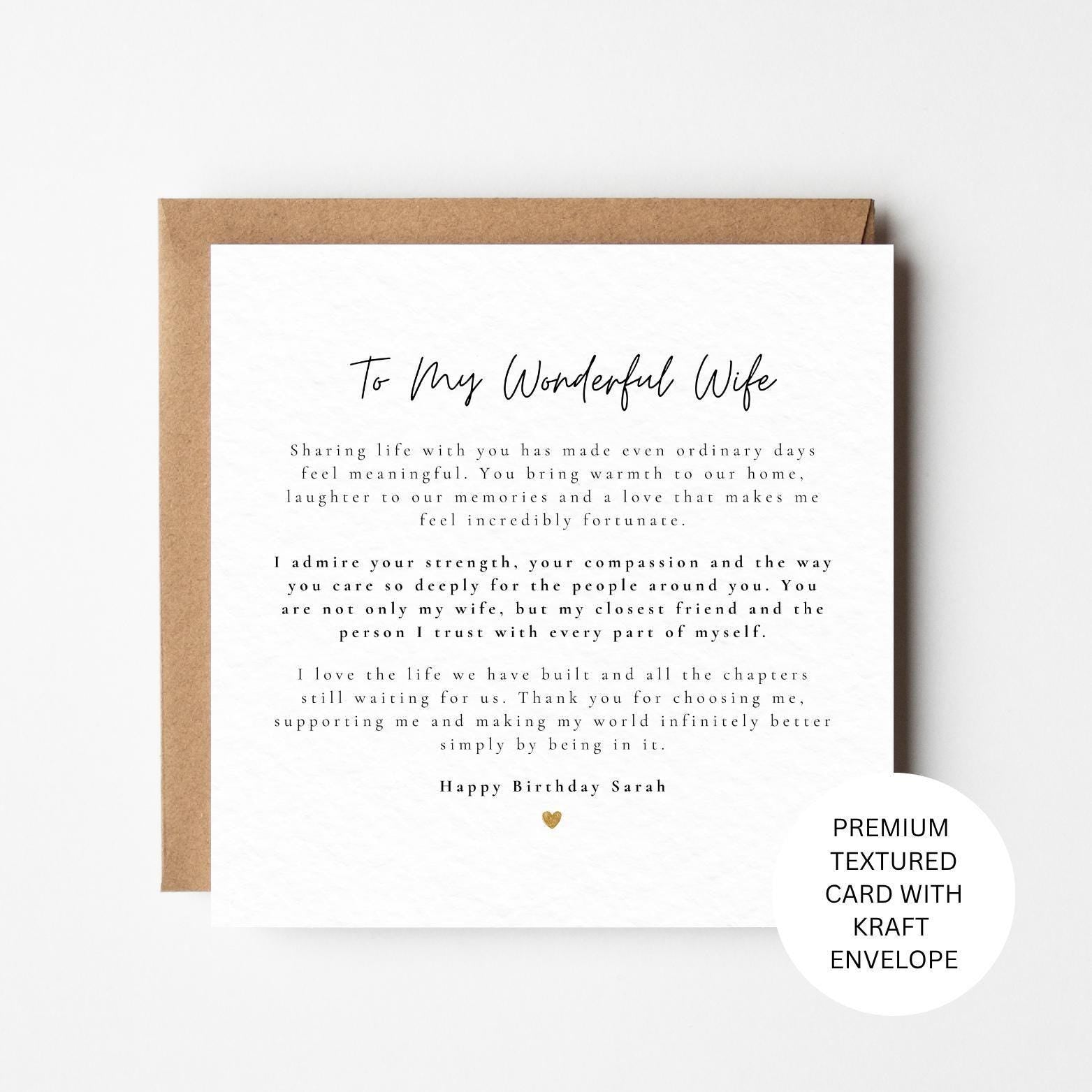 Personalised Wife Birthday Card, Romantic Love Keepsake, Textured Card (Kraft Envelope)