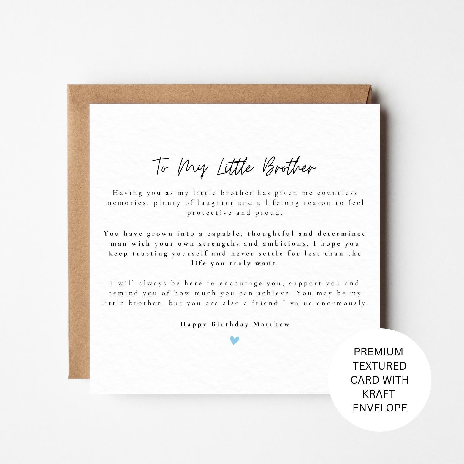 Personalised Little Brother Birthday Card, Sentimental Keepsake, Kraft Envelope
