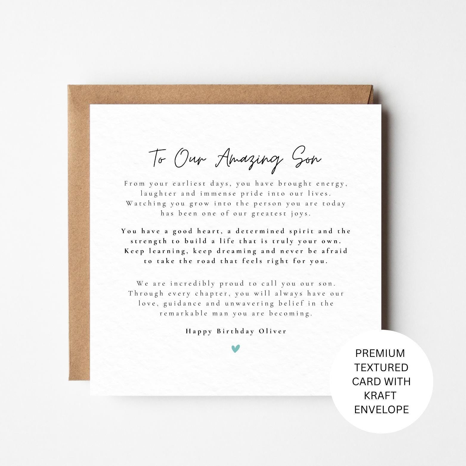 Personalised Birthday Card for Son, Sentimental Keepsake, Textured Card (Kraft Envelope)