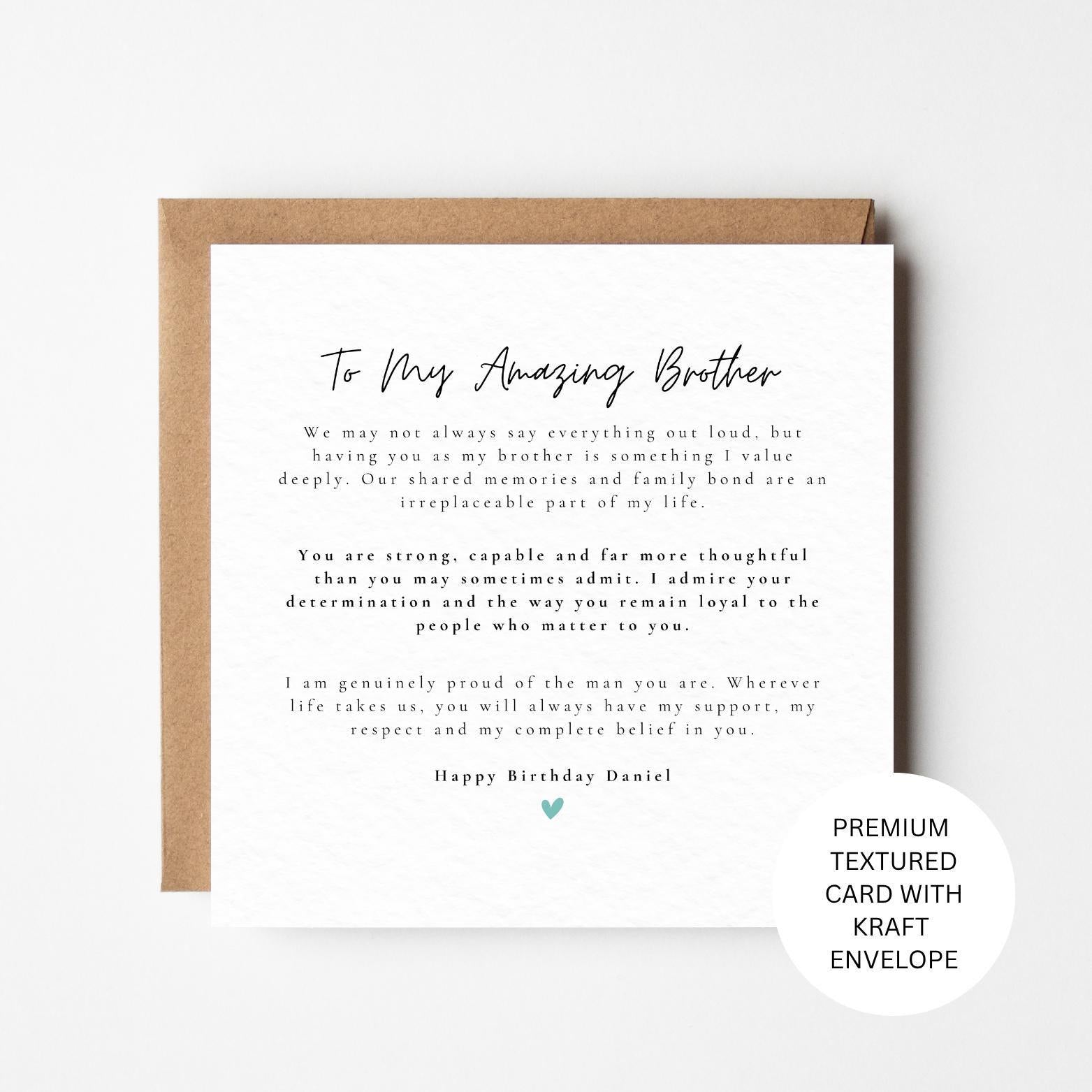 Personalised Brother Birthday Card, Heartfelt Sentimental Keepsake, Textured Card Kraft Envelope