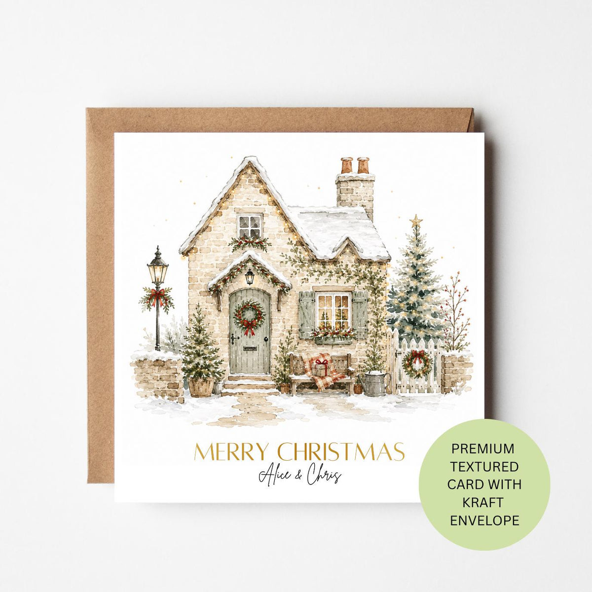 Personalised Snowy Cottage Christmas Card, Watercolour House Illustration, Textured Kraft Envelope