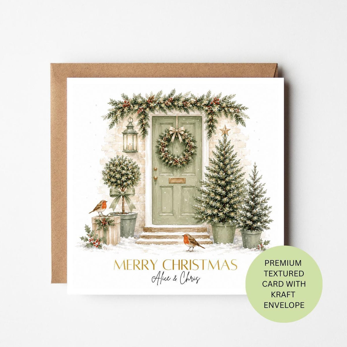 Personalised Watercolour Christmas Card, Festive Door, Robins, New Home Keepsake (Textured Card)
