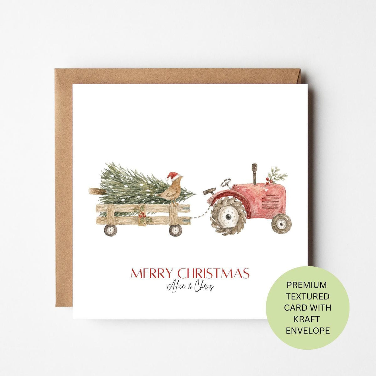 Personalised Tractor Christmas Card, Festive Farm Watercolour, Elegant Textured Country Card for Farmers