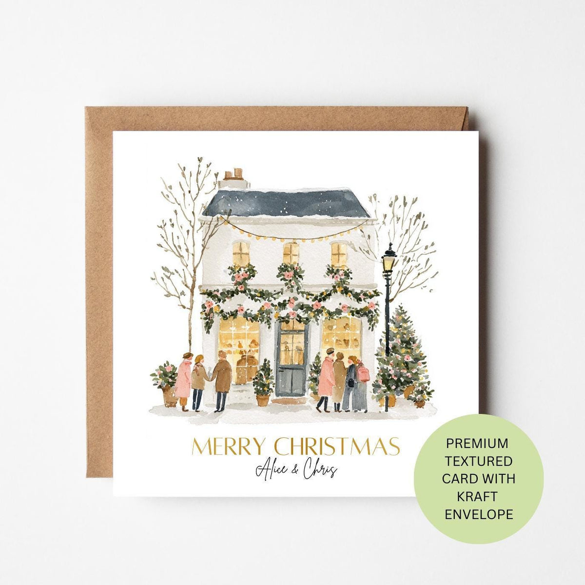 Personalised Christmas Shop Card, Snowy Festive Shopfront Watercolour Card