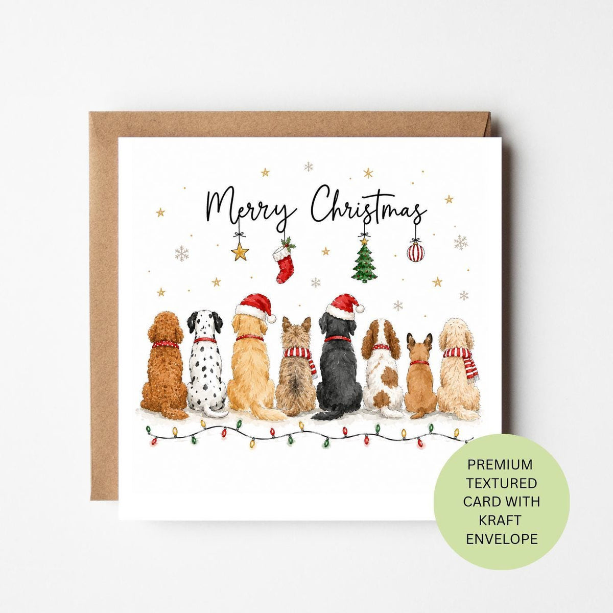 Personalised Watercolour Dog Christmas Card, Eight Dogs Festive Greeting, Textured Card
